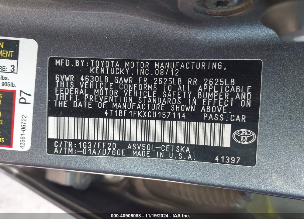 2012 TOYOTA CAMRY SE VIN: 4T1BF1FKXCU157114