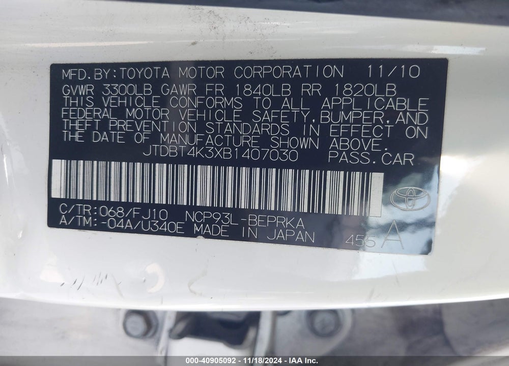 2011 TOYOTA YARIS VIN: JTDBT4K3XB1407030