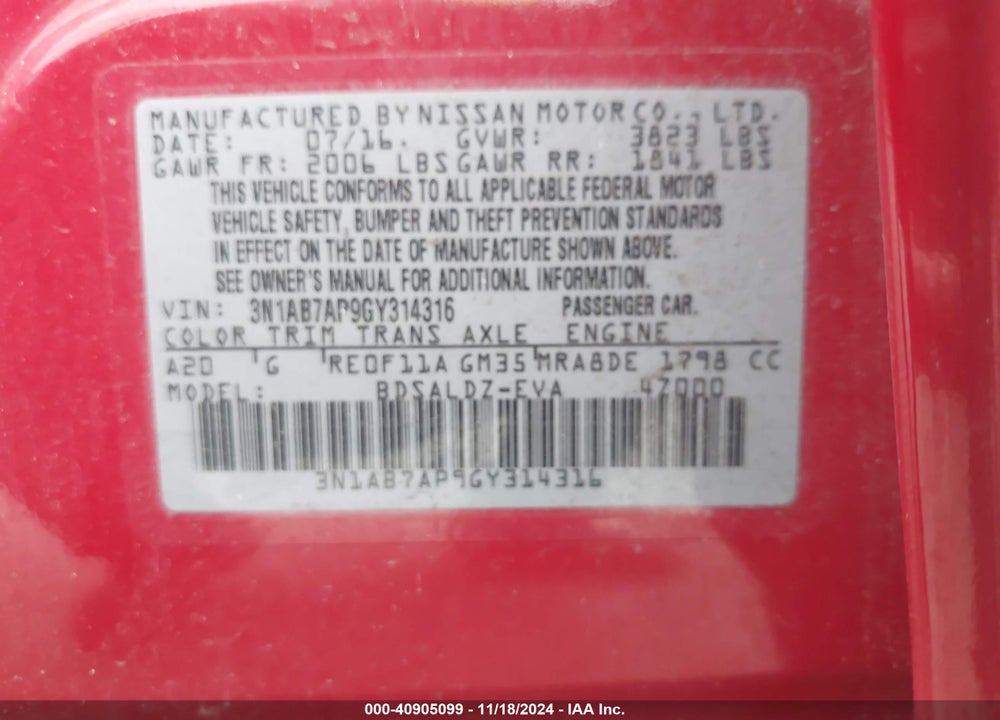 2016 NISSAN SENTRA SV VIN: 3N1AB7AP9GY314316