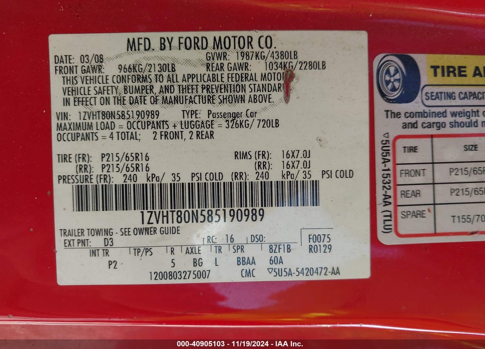 2008 FORD MUSTANG V6 DELUXE VIN: 1ZVHT80N585190989