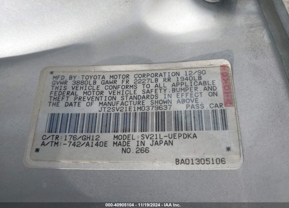 1991 TOYOTA CAMRY DLX VIN: JT2SV21E1M0379637