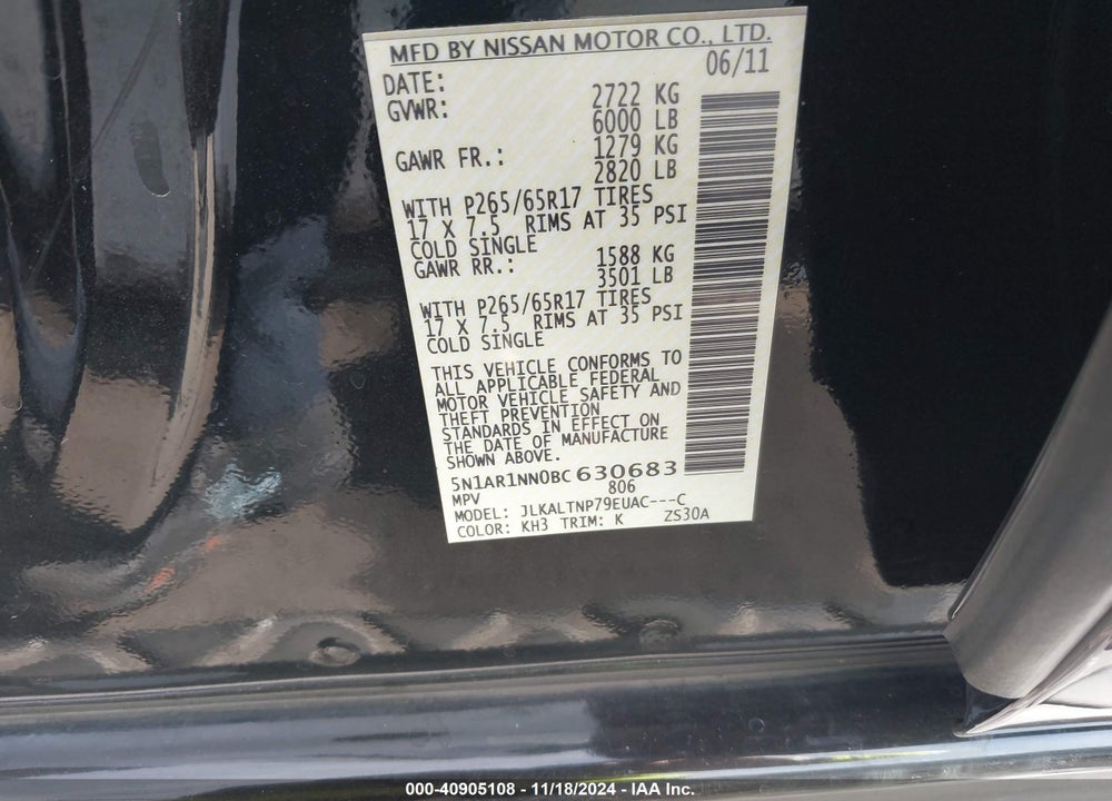 2011 NISSAN PATHFINDER SV VIN: 5N1AR1NN0BC630683