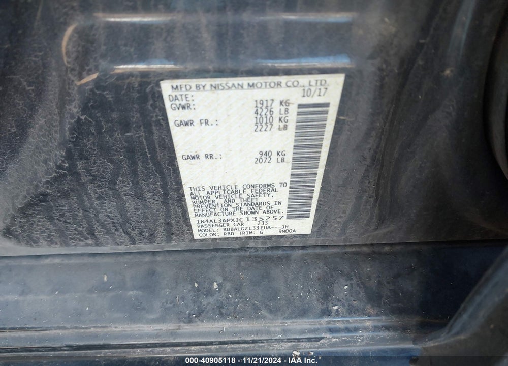 2018 NISSAN ALTIMA 2.5 S VIN: 1N4AL3APXJC135257