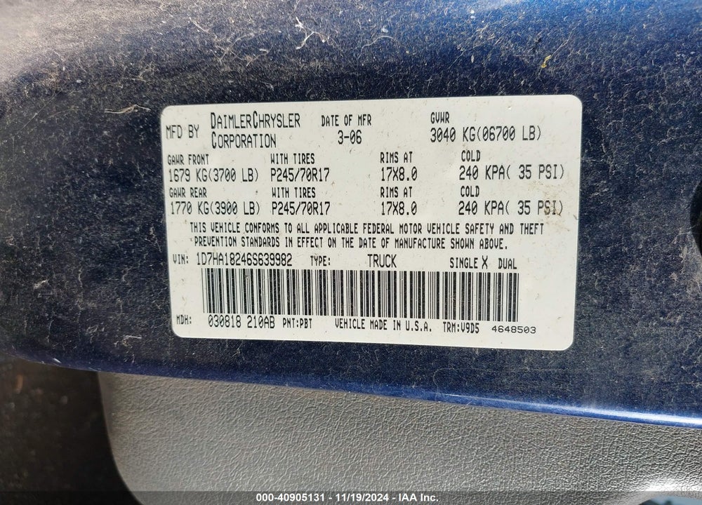 2006 DODGE RAM 1500 SLT VIN: 1D7HA18246S639982