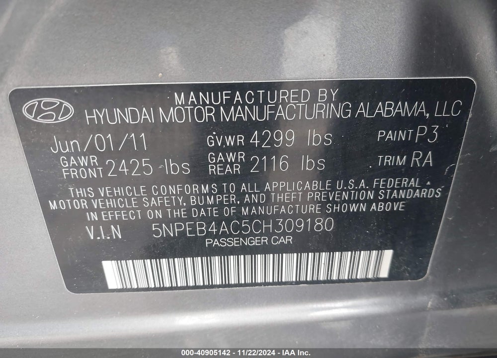 2012 HYUNDAI SONATA GLS VIN: 5NPEB4AC5CH309180