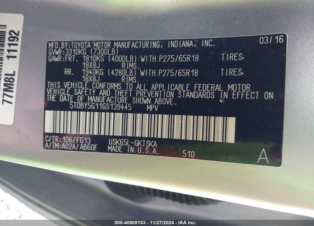 2016 TOYOTA SEQUOIA SR5 5.7L V8 VIN: 5TDBY5G11GS139445