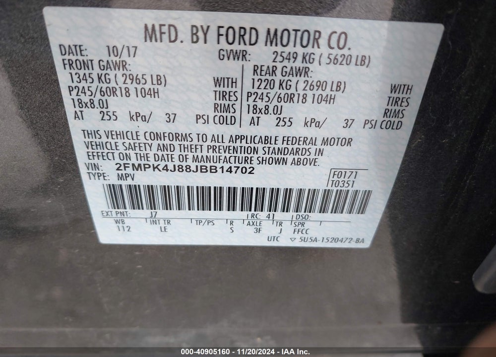 2018 FORD EDGE SEL VIN: 2FMPK4J88JBB14702