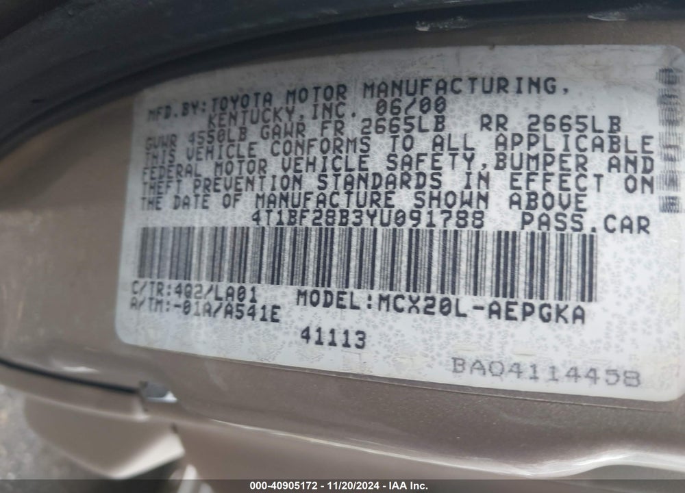 2000 TOYOTA AVALON XLS VIN: 4T1BF28B3YU091788