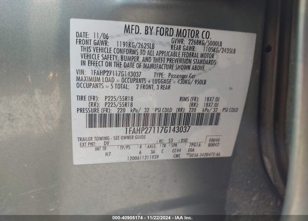 2007 FORD FIVE HUNDRED SEL VIN: 1FAHP27117G143037