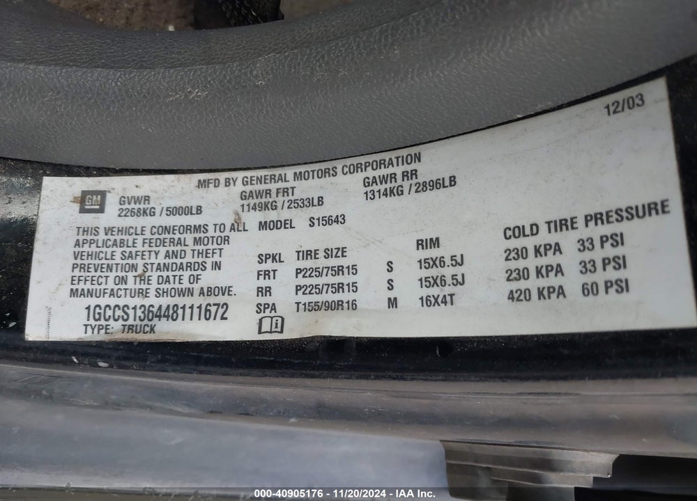 2004 CHEVROLET COLORADO LS VIN: 1GCCS136448111672