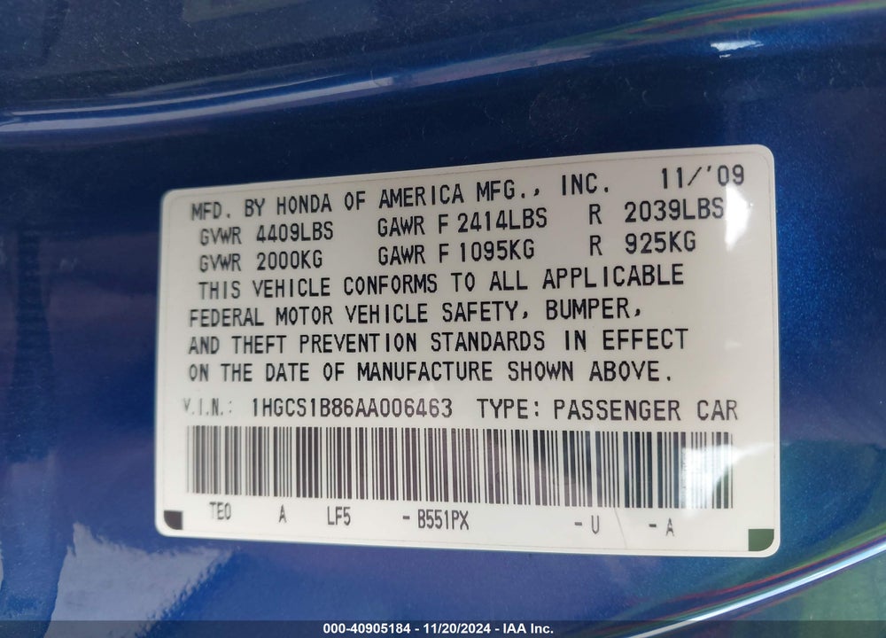 2010 HONDA ACCORD 2.4 EX-L VIN: 1HGCS1B86AA006463