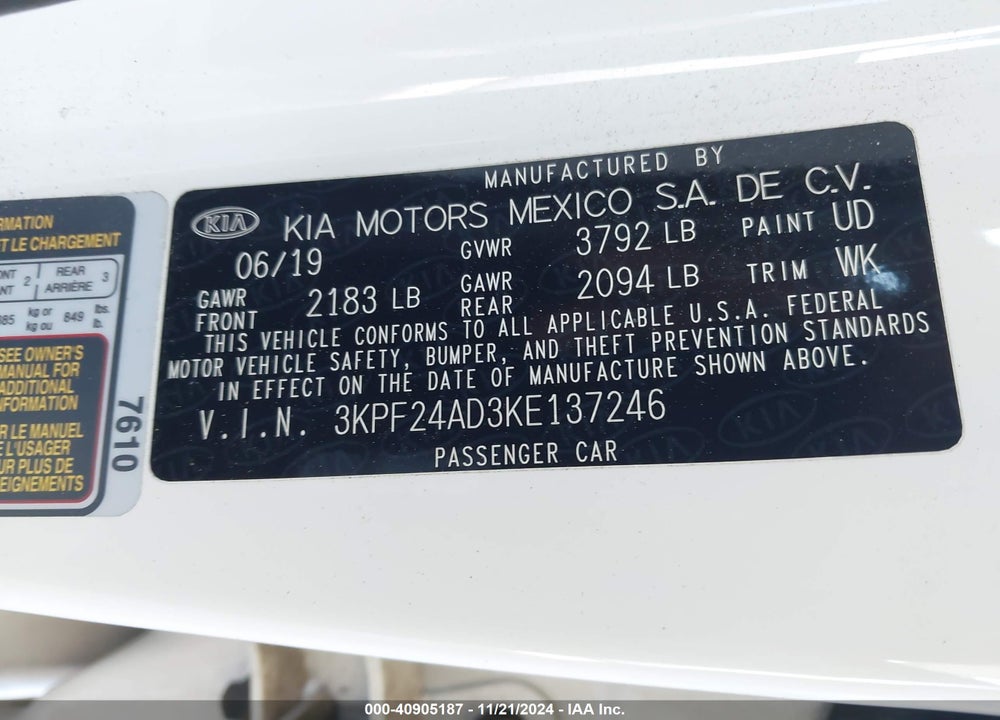 2019 KIA FORTE LXS VIN: 3KPF24AD3KE137246