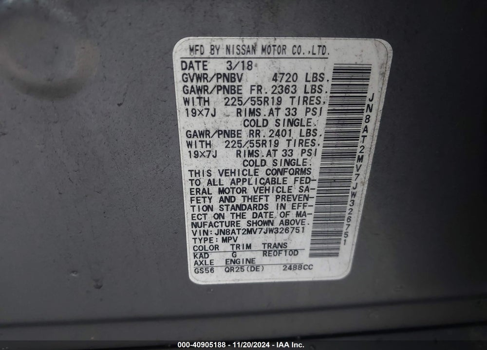 2018 NISSAN ROGUE SL VIN: JN8AT2MV7JW326751