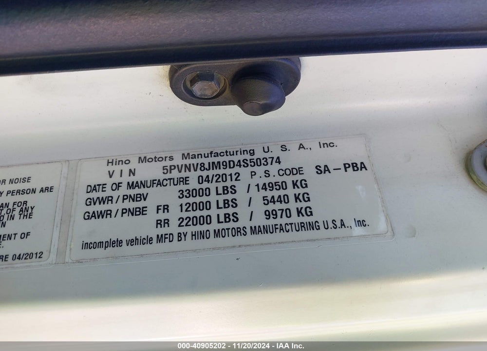 2013 HINO 338 VIN: 5PVNV8JM9D4S50374