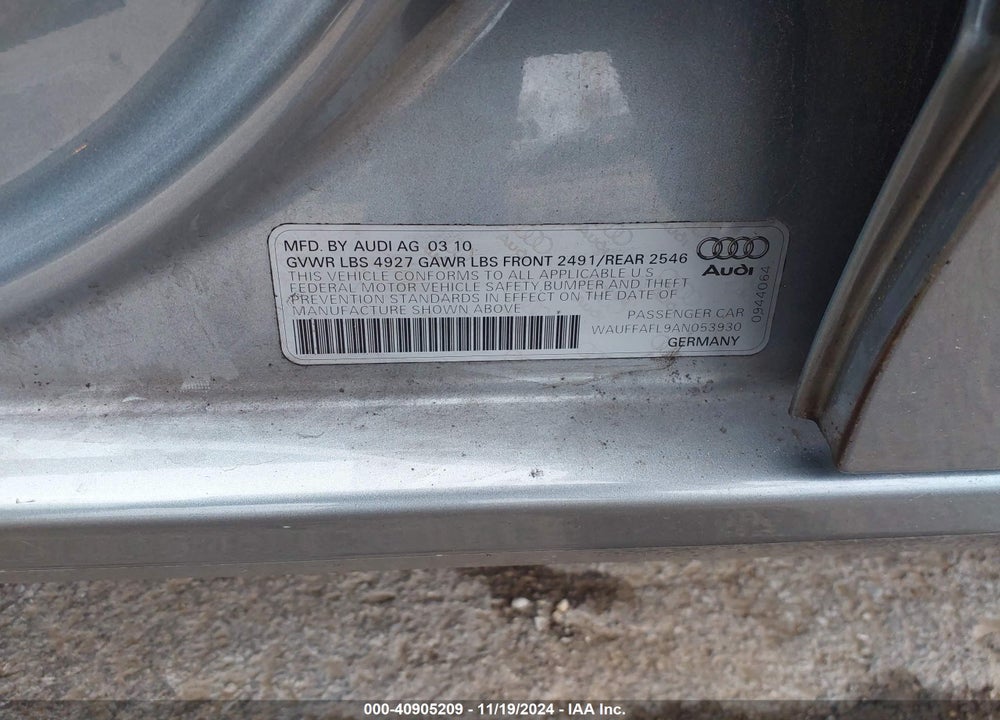 2010 AUDI A4 2.0T PREMIUM VIN: WAUFFAFL9AN053930