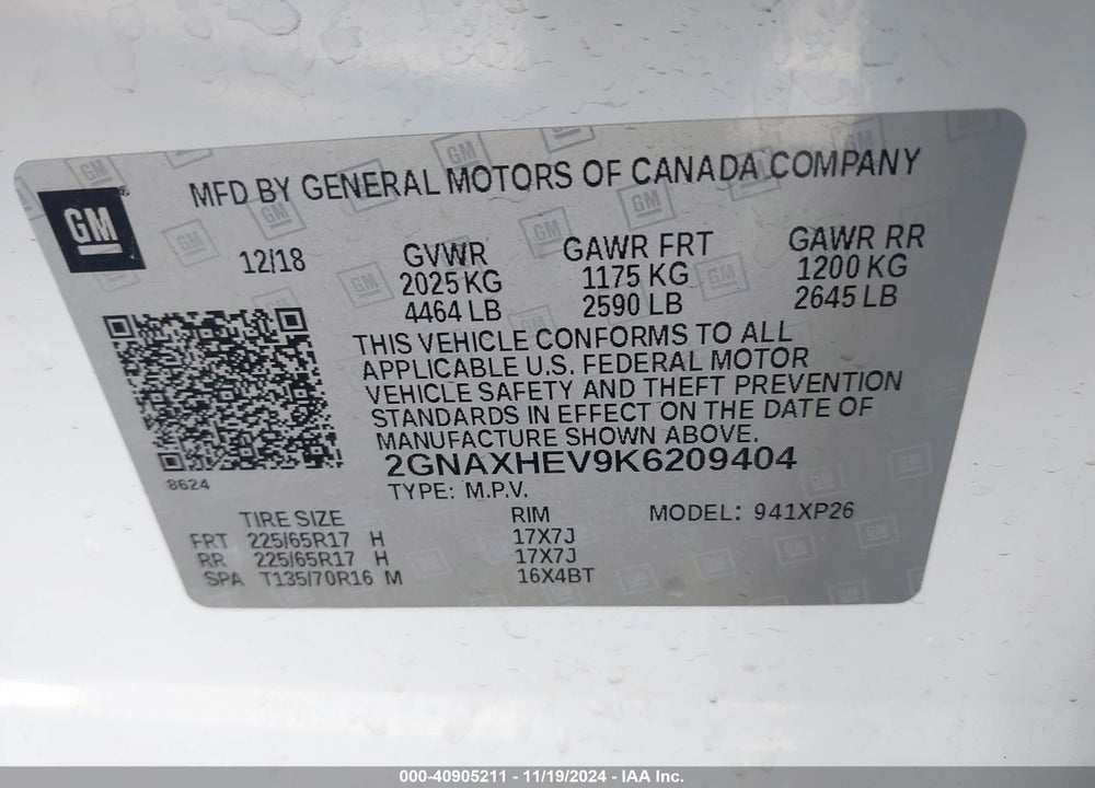 2019 CHEVROLET EQUINOX 2LT AWD VIN: 2GN8XHEV9K6209404