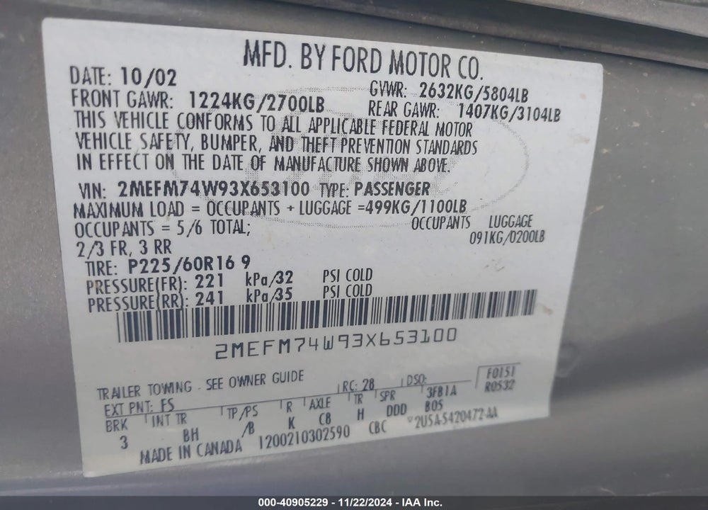 2003 MERCURY GRAND MARQUIS GS VIN: 2MEFM74W93X653100