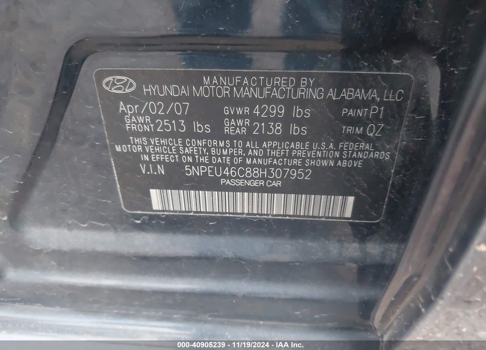 2008 HYUNDAI SONATA LIMITED/SE VIN: 5NPEU46C88H307952