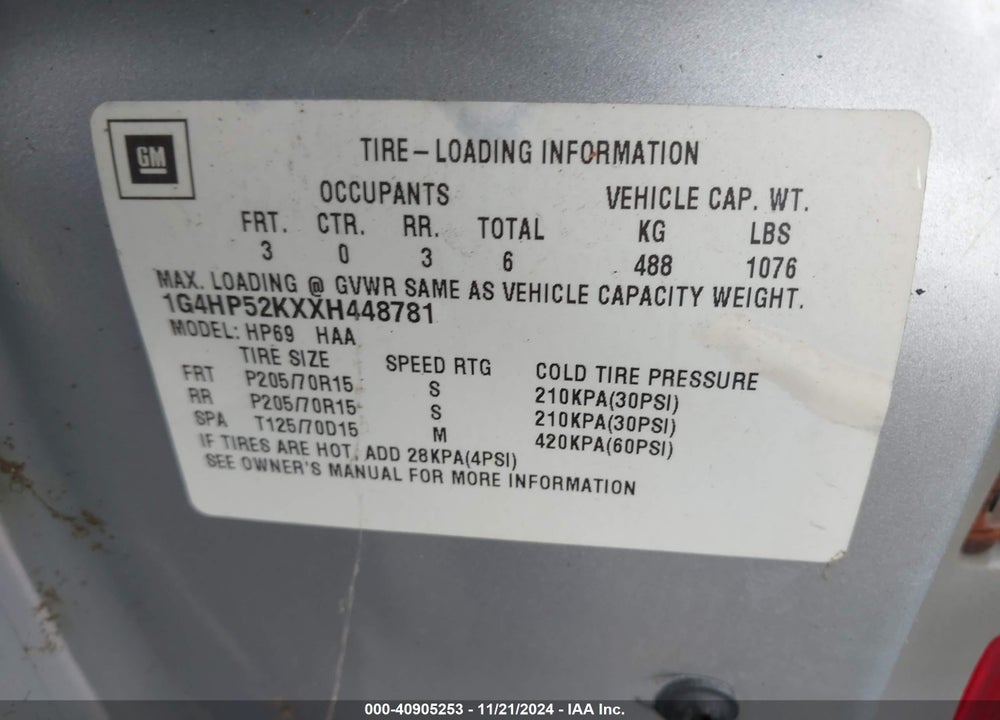 1999 BUICK LESABRE CUSTOM VIN: 1G4HP52KXXH448781