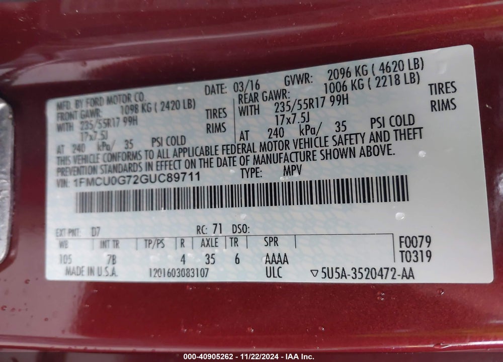 2016 FORD ESCAPE SE VIN: 1FMCU0G72GUC89711