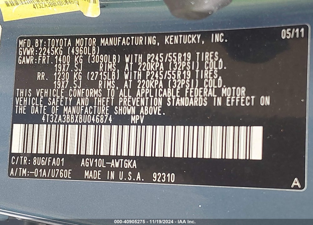 2011 TOYOTA VENZA VIN: 4T3ZA3BBXBU046874