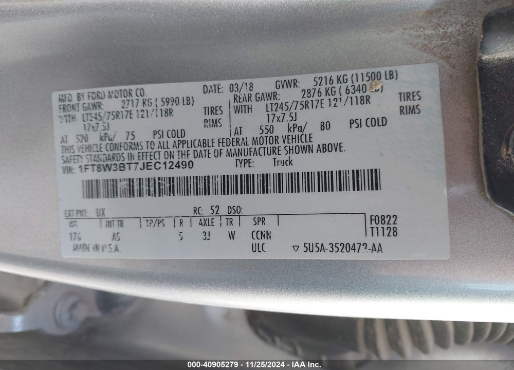 2018 FORD F-350 XL VIN: 1FT8W3BT7JEC12490