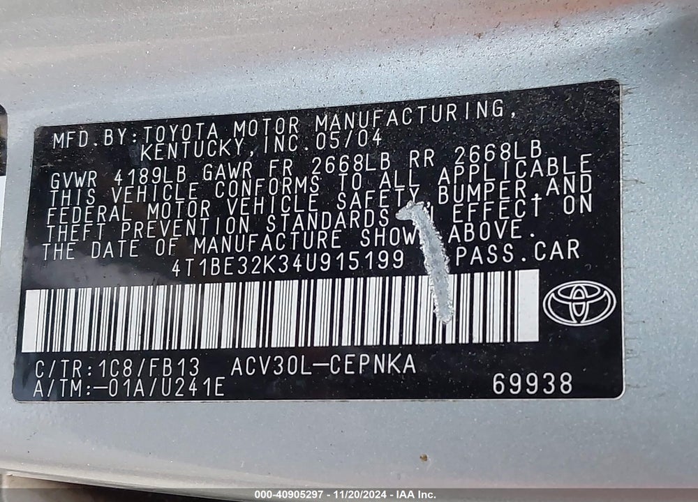 2004 TOYOTA CAMRY LE VIN: 4T1BE32K34U915199