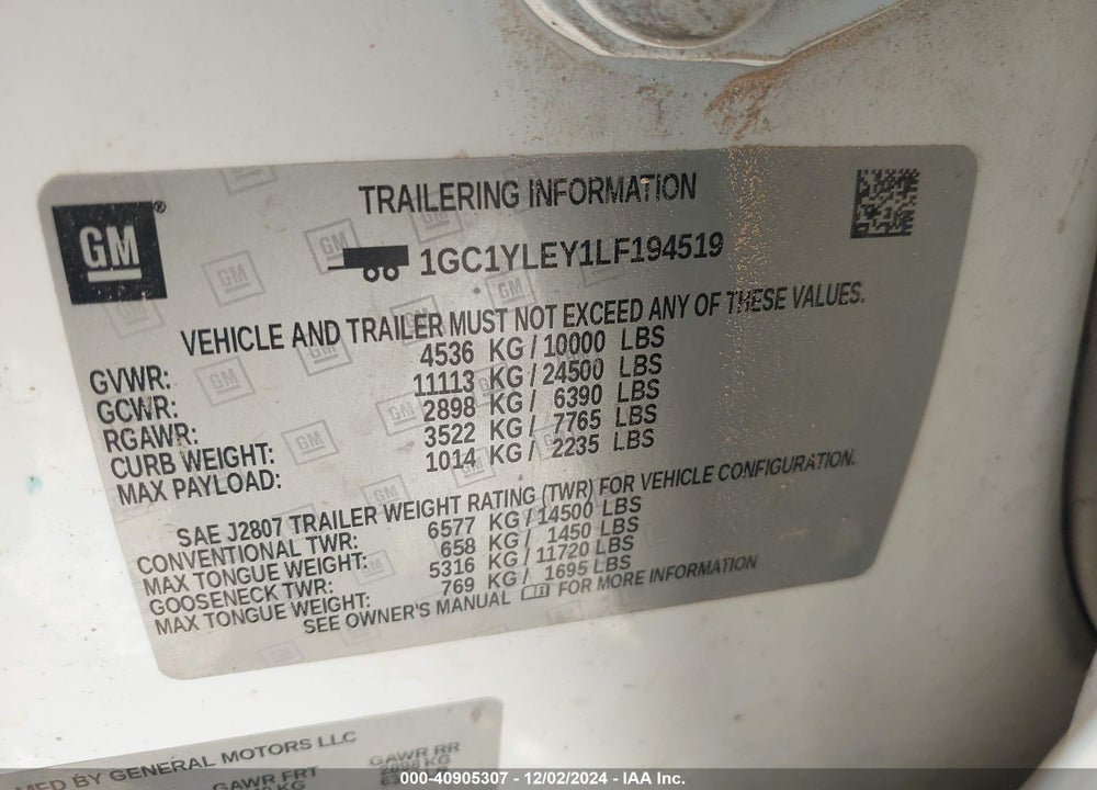 2020 CHEVROLET SILVERADO 2500HD 4WD STANDARD BED WT VIN: 1GC1YLEY1LF194519