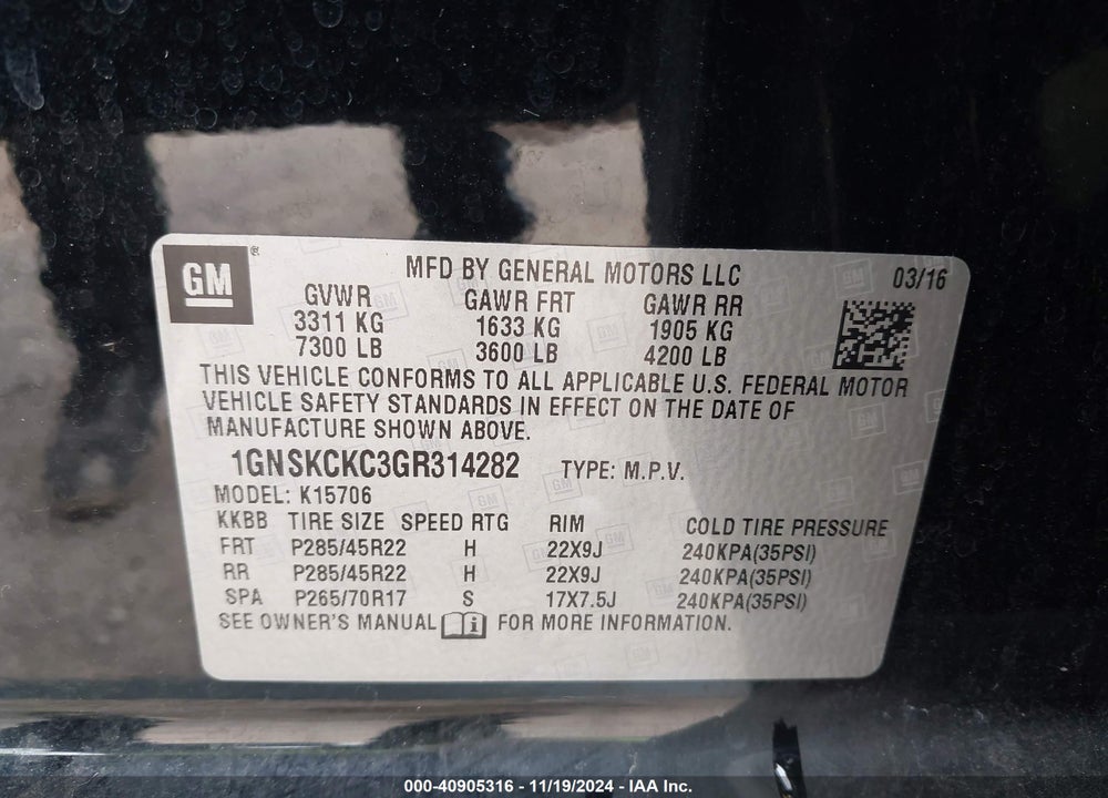 2016 CHEVROLET TAHOE LTZ VIN: 1GNSKCKC3GR314282