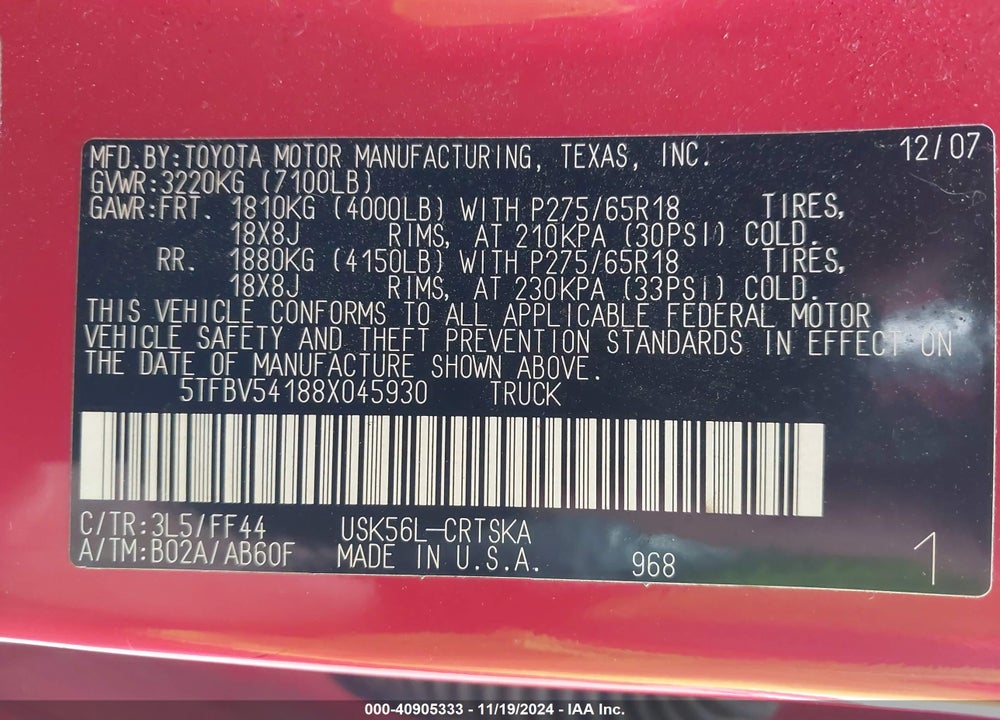 2008 TOYOTA TUNDRA SR5 5.7L V8 VIN: 5TFBV54188X045930
