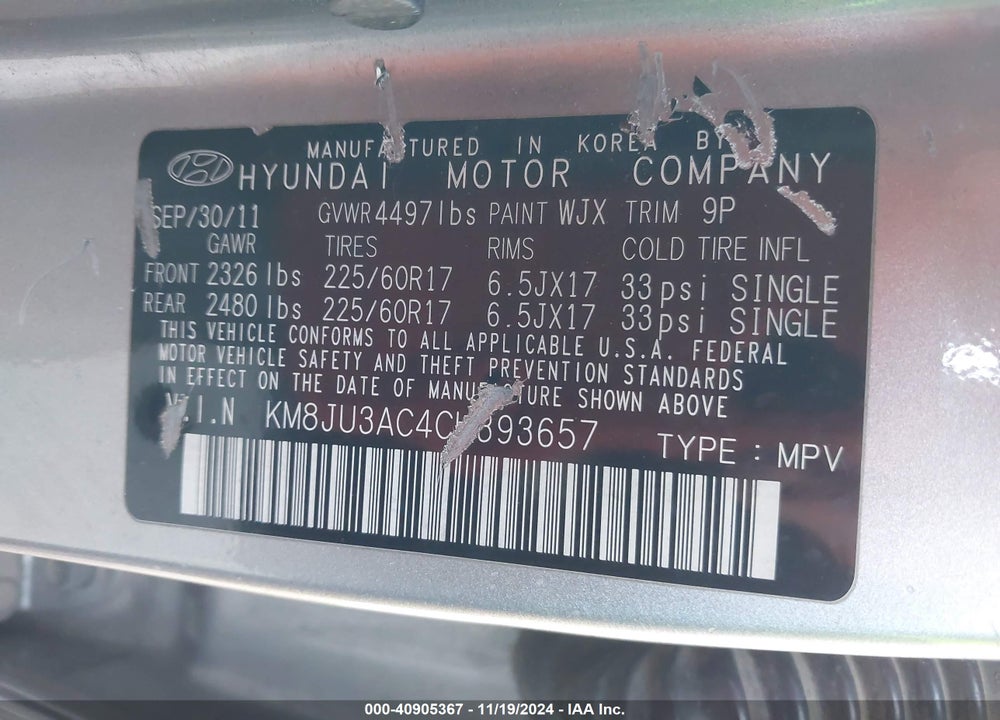2012 HYUNDAI TUCSON GLS VIN: KM8JU3AC4CU393657