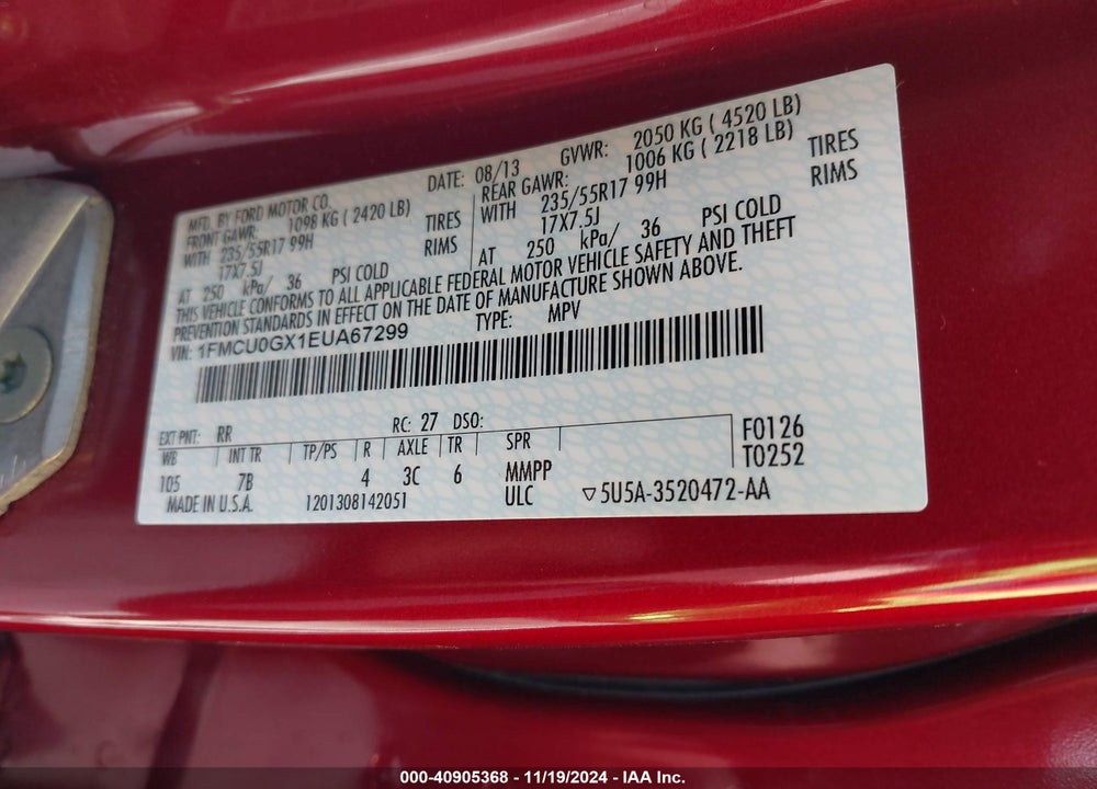 2014 FORD ESCAPE SE VIN: 1FMCU0GX1EUA67299