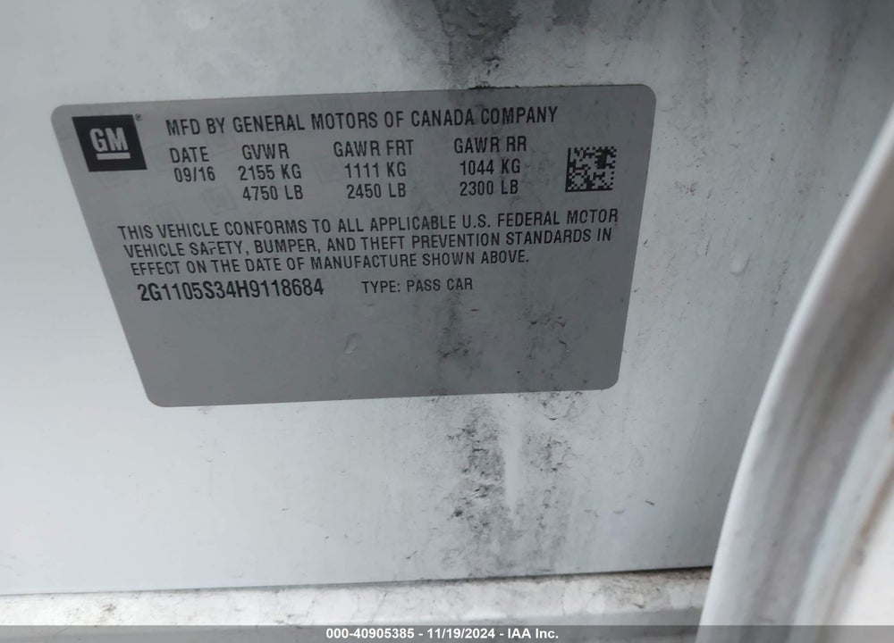 2017 CHEVROLET IMPALA 1LT VIN: 2G1105S34H9118684