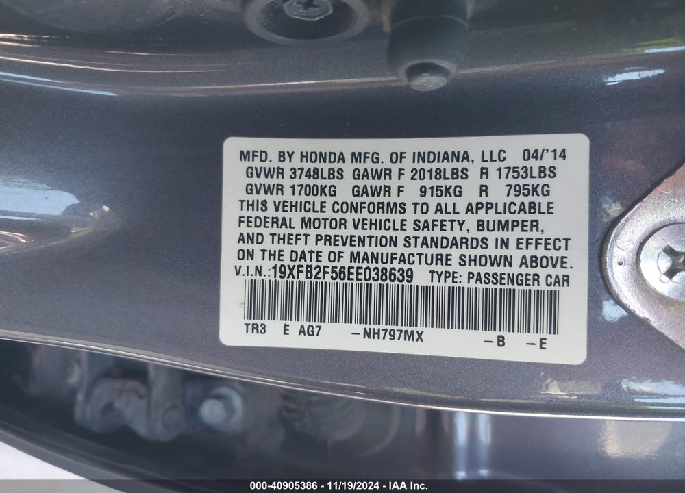 2014 HONDA CIVIC VIN: 19XFB2F56EE038639