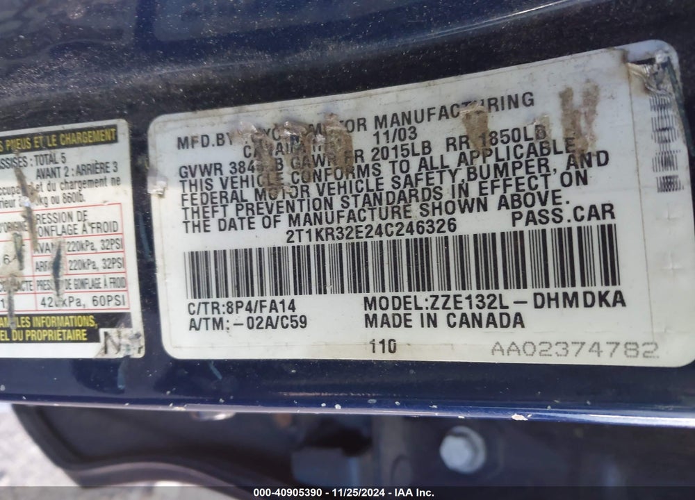 2004 TOYOTA MATRIX STANDARD VIN: 2T1KR32E24C246326