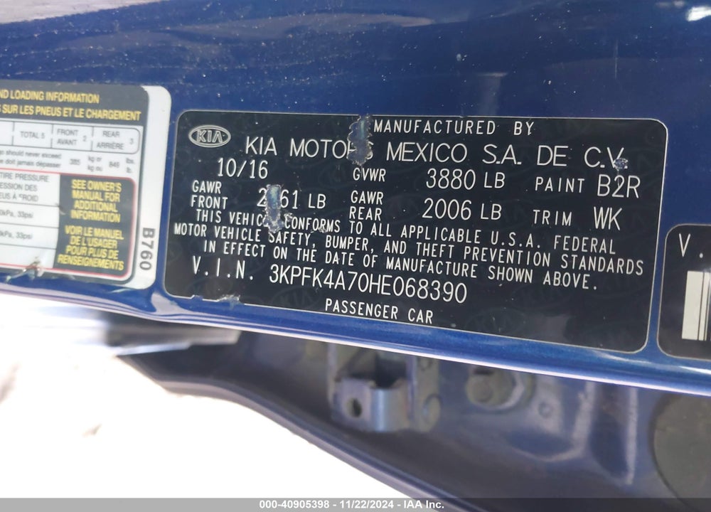 2017 KIA FORTE LX VIN: 3KPFK4A70HE068390