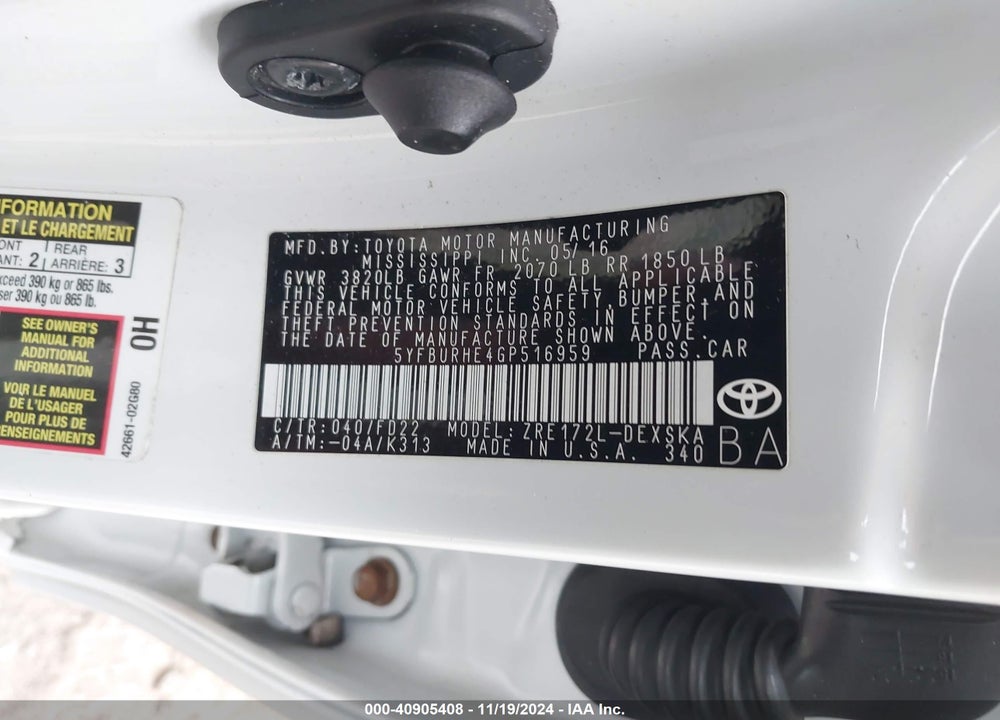 2016 TOYOTA COROLLA S PLUS VIN: 5YFBURHE4GP516959