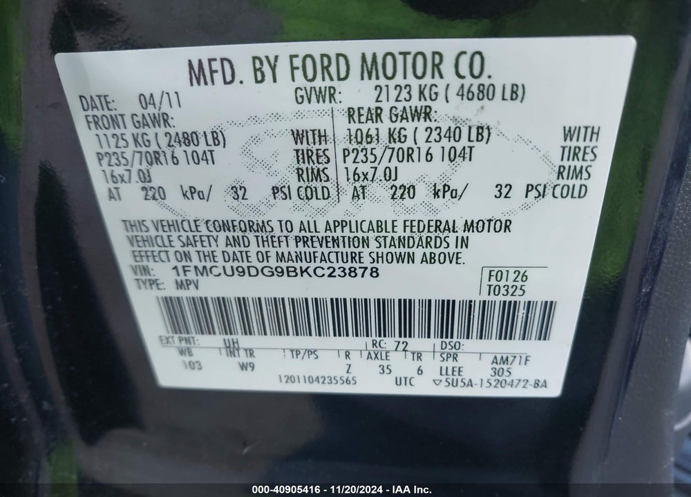2011 FORD ESCAPE XLT VIN: 1FMCU9DG9BKC23878