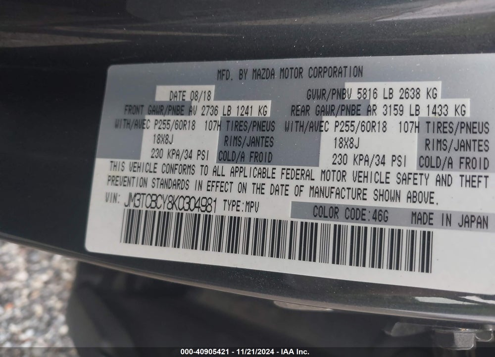 2019 MAZDA CX-9 TOURING VIN: JM3TCBCY8K0304981