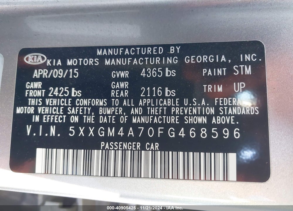 2015 KIA OPTIMA LX VIN: 5XXGM4A70FG468596