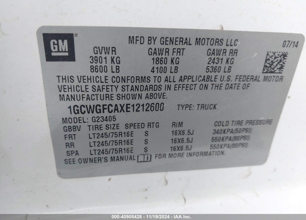 2014 CHEVROLET EXPRESS 2500 WORK VAN VIN: 1GCWGFCAXE1212600