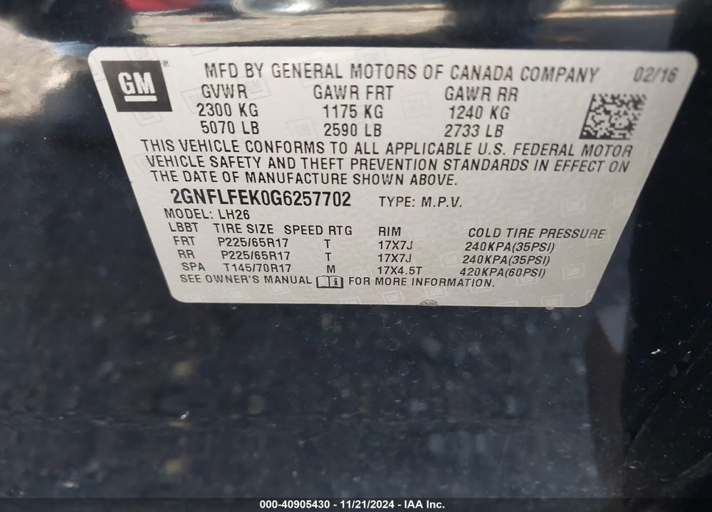 2016 CHEVROLET EQUINOX LT VIN: 2GNFLFEK0G6257702