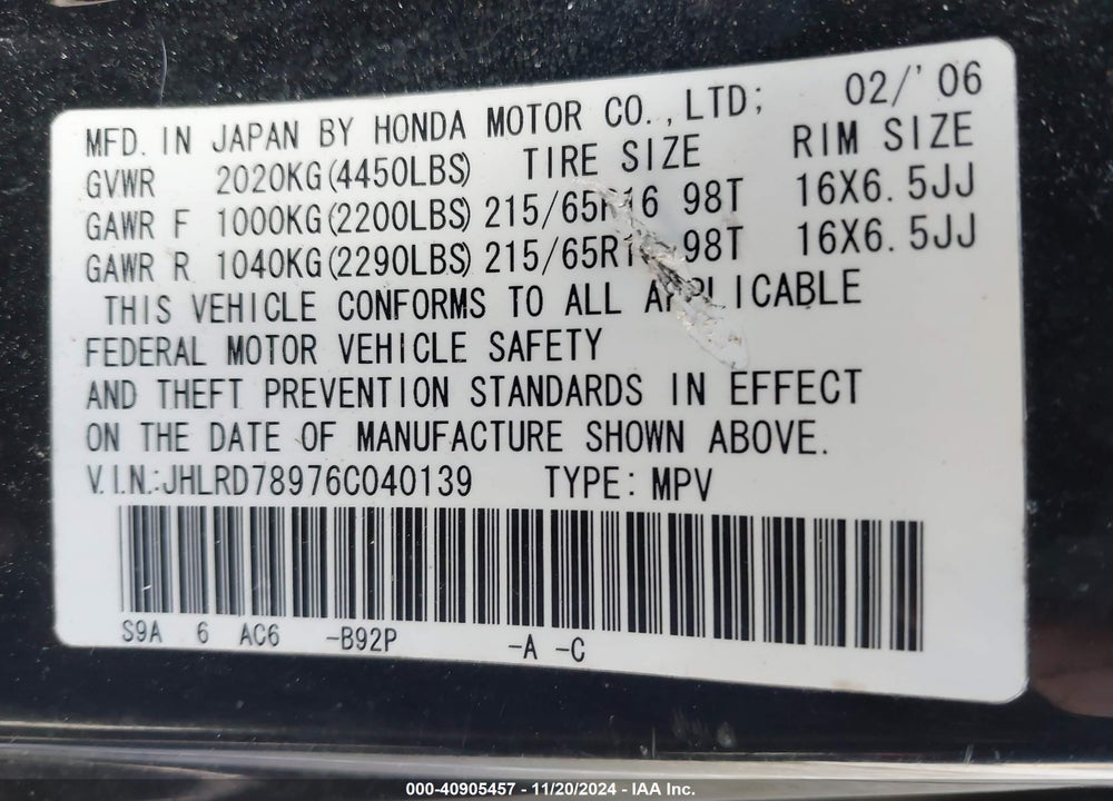 2006 HONDA CR-V SE VIN: JHLRD78976C040139