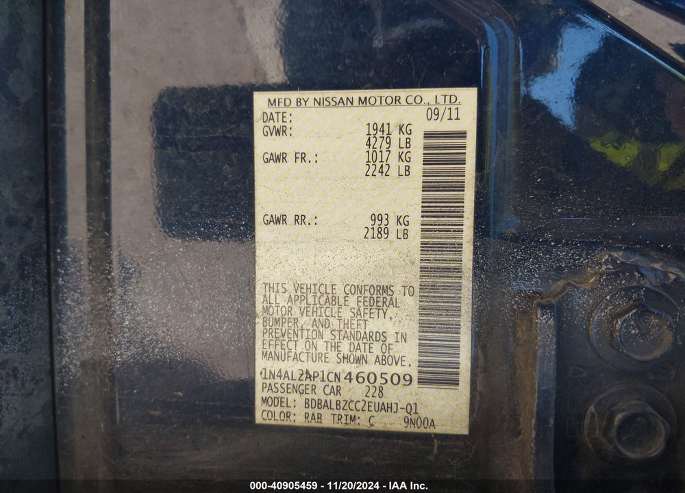 2012 NISSAN ALTIMA 2.5 S VIN: 1N4AL2AP1CN460509