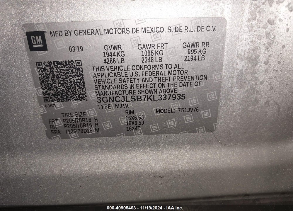 2019 CHEVROLET TRAX LT VIN: 3GNCJLSB7KL337935
