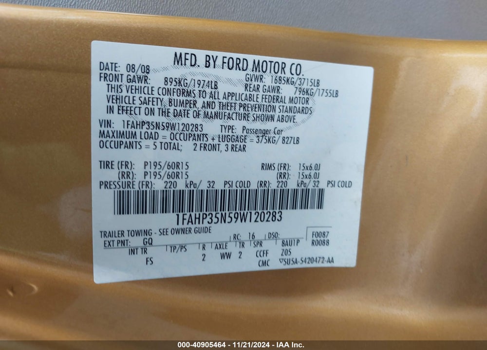 2009 FORD FOCUS SE VIN: 1FAHP35N59W120283