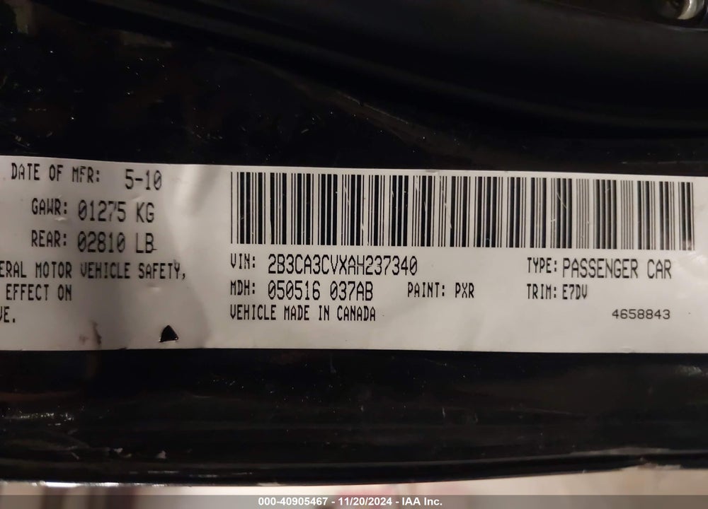 2010 DODGE CHARGER VIN: 2B3CA3CVXAH237340