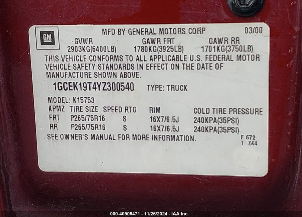 2000 CHEVROLET SILVERADO 1500 LT VIN: 1GCEK19T4YZ300540