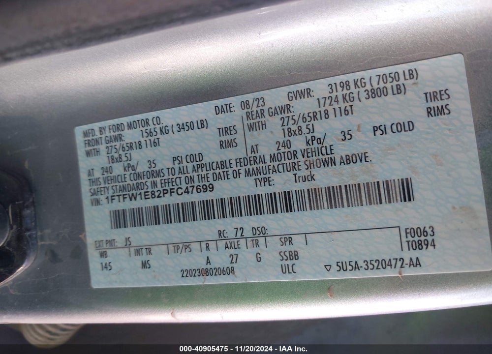 2023 FORD F150 VIN: 1FTFW1E82PFC47699
