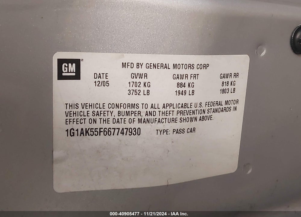 2006 CHEVROLET COBALT LS VIN: 1G1AK55F667747930